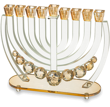 חנוכייה קריסטל עם כדורים זהב 25 ס״מ